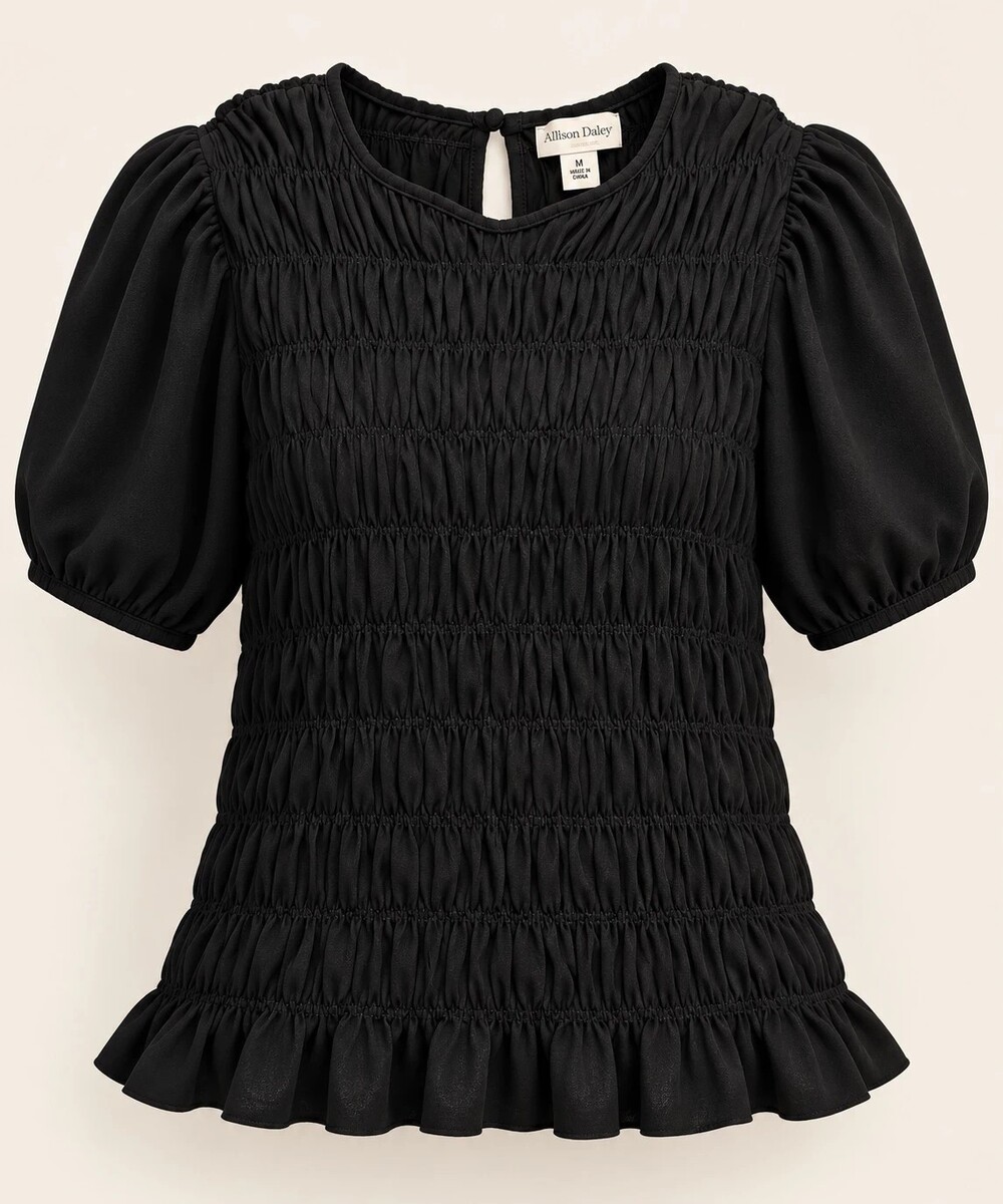 Catherine Malandrino Black Ruched Puff Sleeve Top M